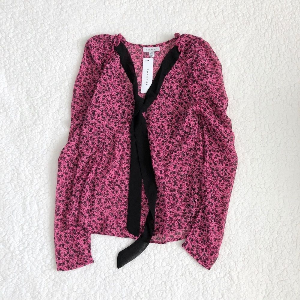 TOPSHOP Pink Bow Prairie Long Sleeve Chiffon Blouse